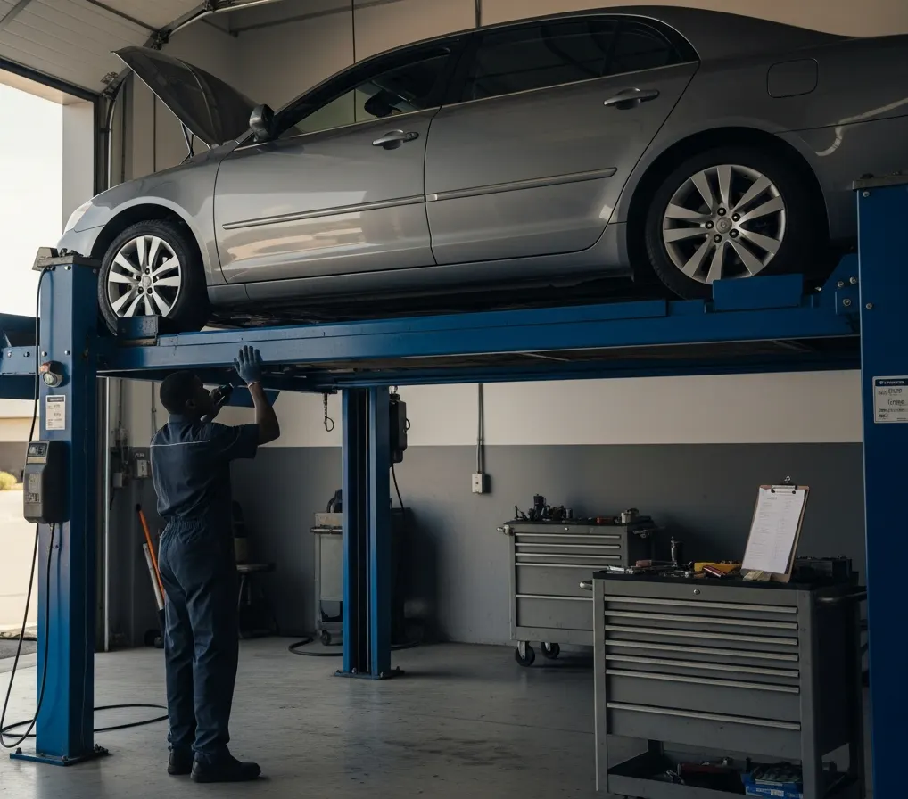 Car raised on a lift for an underbody inspection