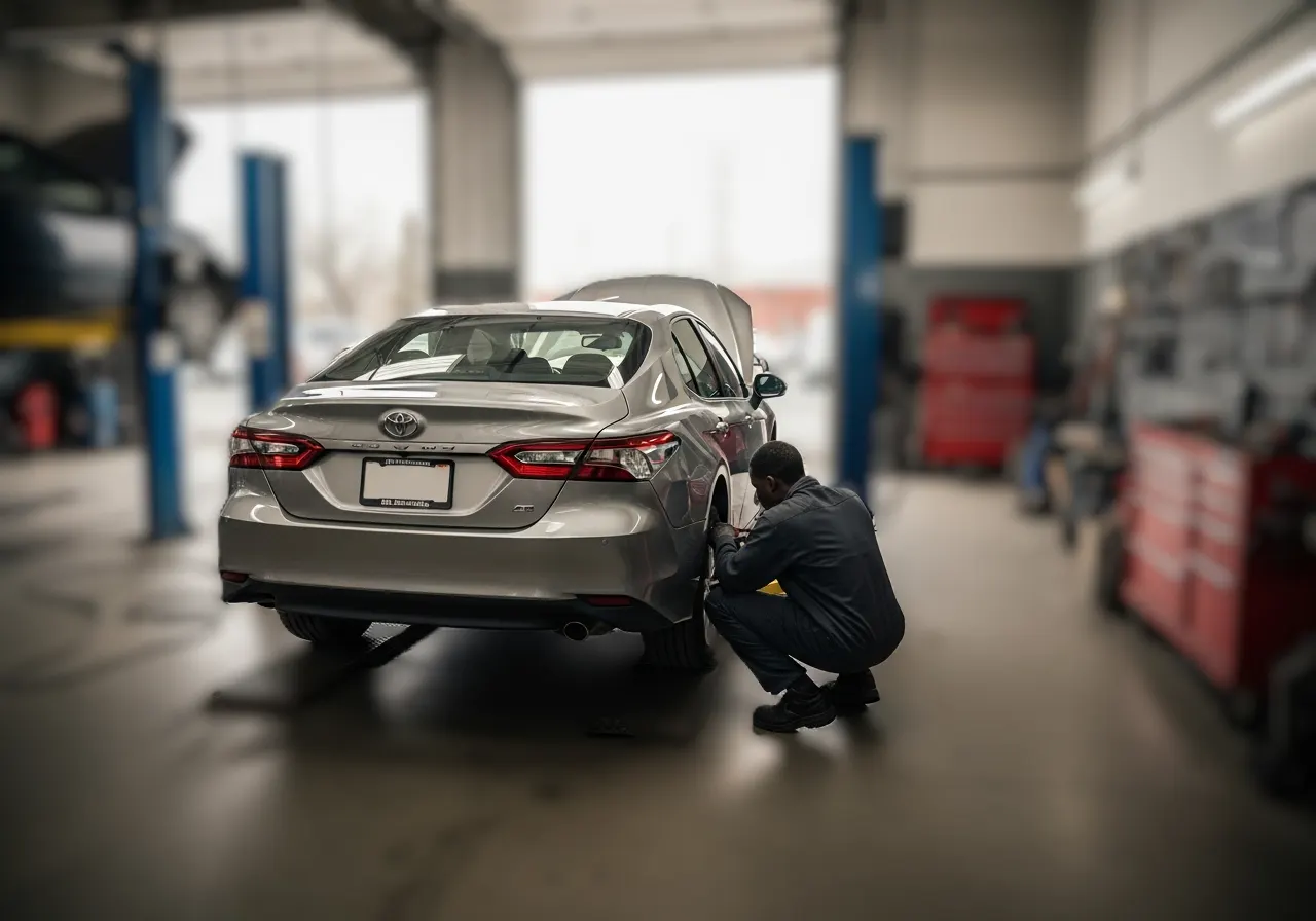 Mechanic checking a car's wheel in a shop bay
