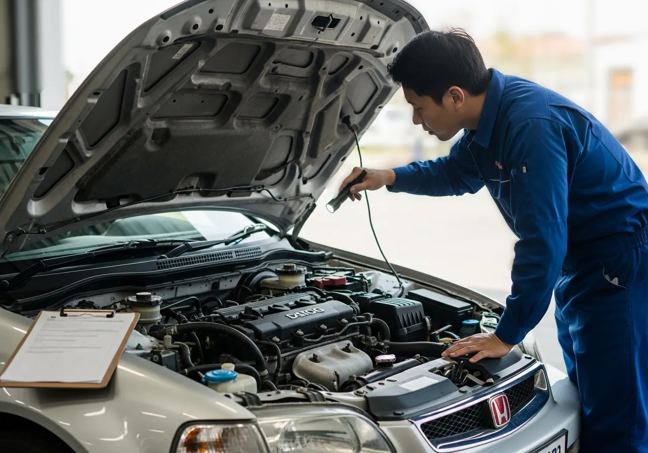 Mechanic inspecting an engine under the hood