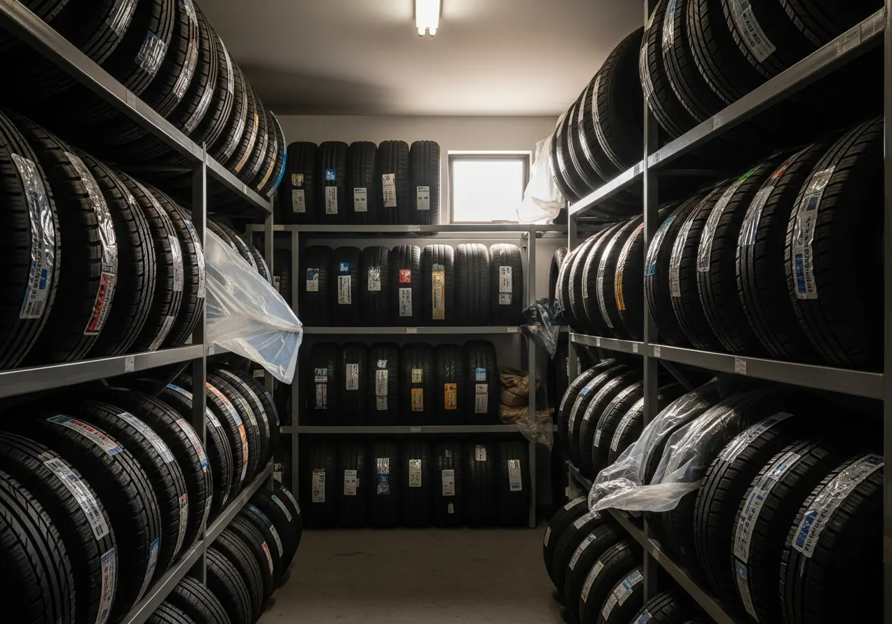 Racks of tires in a tire shop